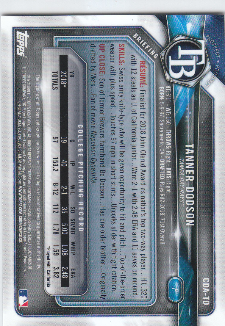 2018 Bowman Chrome Draft Autographs #CDATD Tanner Dodson back image