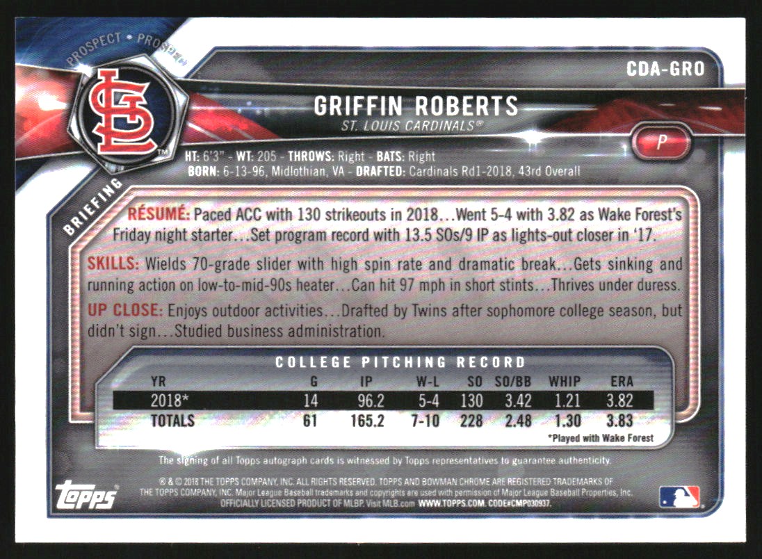 2018 Bowman Chrome Draft Autographs Blue Refractors #CDAGRO Griffin Roberts/150