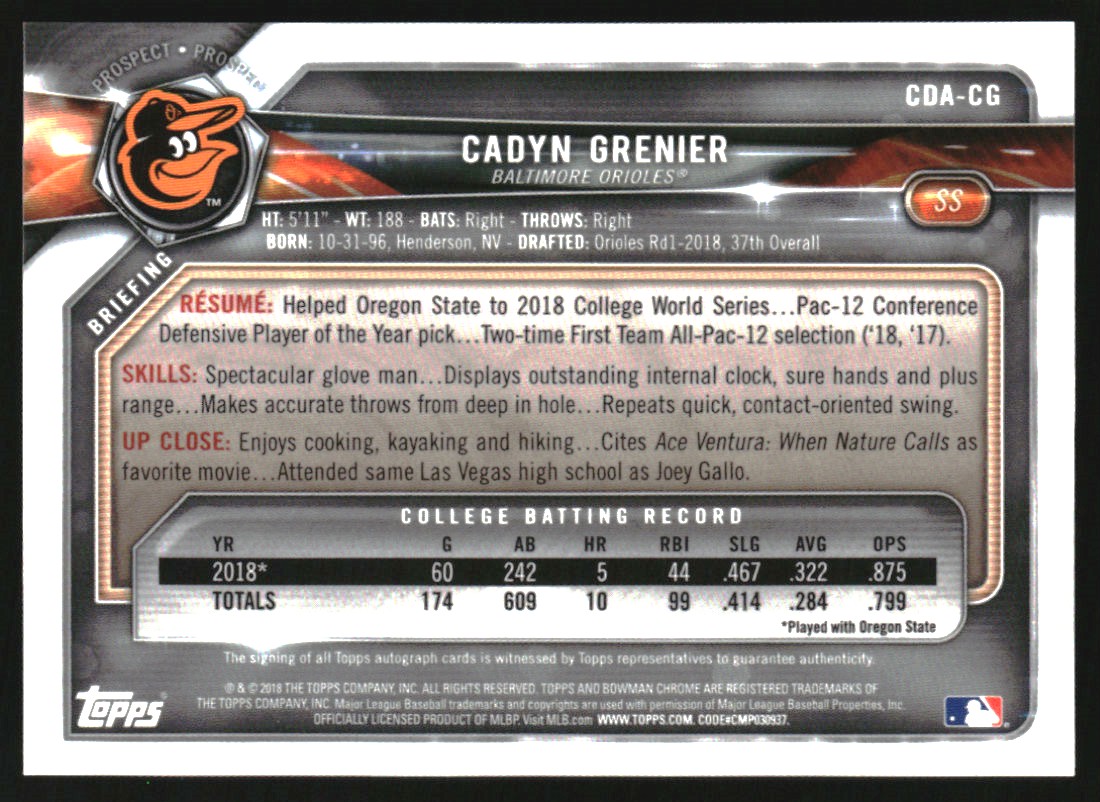 2018 Bowman Chrome Draft Autographs Green Refractors #CDACG Cadyn Grenier/99