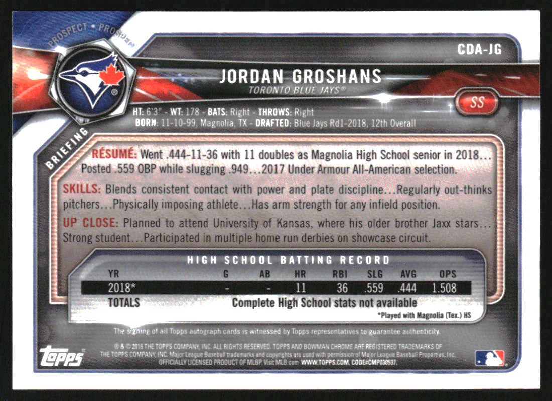 2018 Bowman Chrome Draft Autographs Green Refractors #CDAJG Jordan Groshans/99