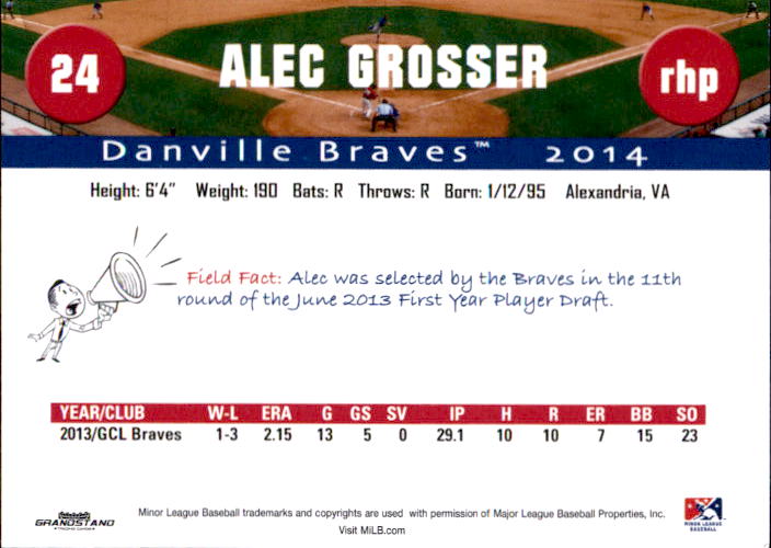 2014 Danville Braves Grandstand #13 Alec Grosser back image