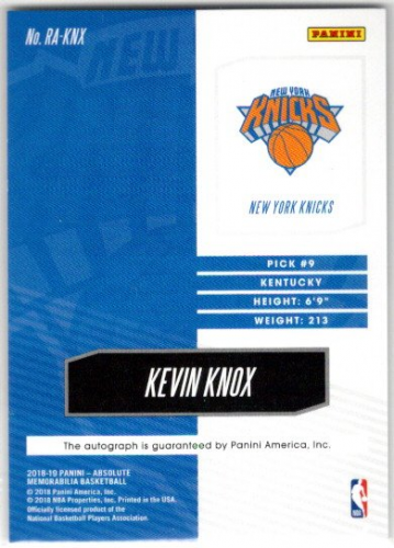 2018-19 Absolute Memorabilia Rookie Autographs #9 Kevin Knox back image