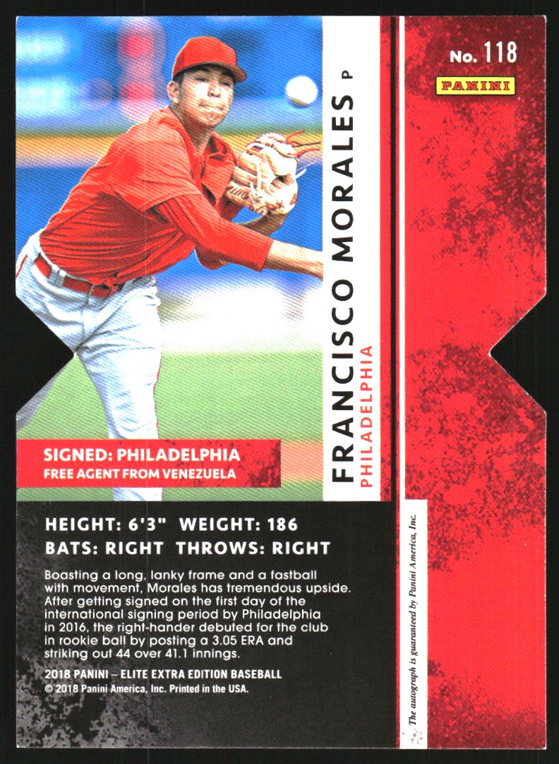 2018 Elite Extra Edition Autographs Status Die Cut Red #118 Francisco Morales/75 back image