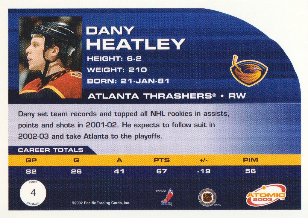 2002-03 Atomic Hobby Parallel #4 Dany Heatley back image