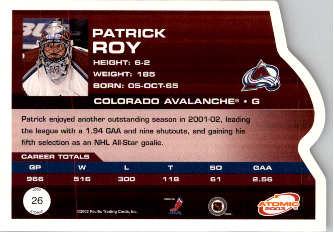 2002-03 Atomic Red #26 Patrick Roy back image