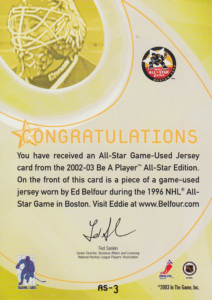 2002-03 BAP All-Star Edition Jerseys #3 Ed Belfour back image