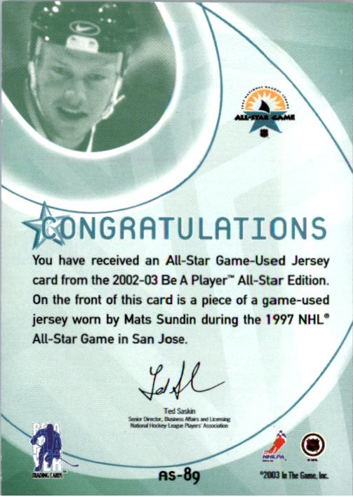 2002-03 BAP All-Star Edition Jerseys #89 Mats Sundin back image