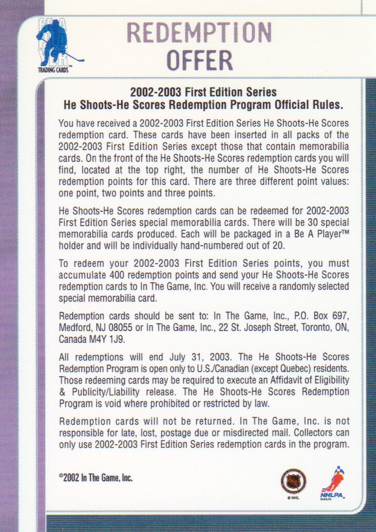 2002-03 BAP First Edition He Shoots He Scores Points #11 Joe Thornton 1 pt. back image