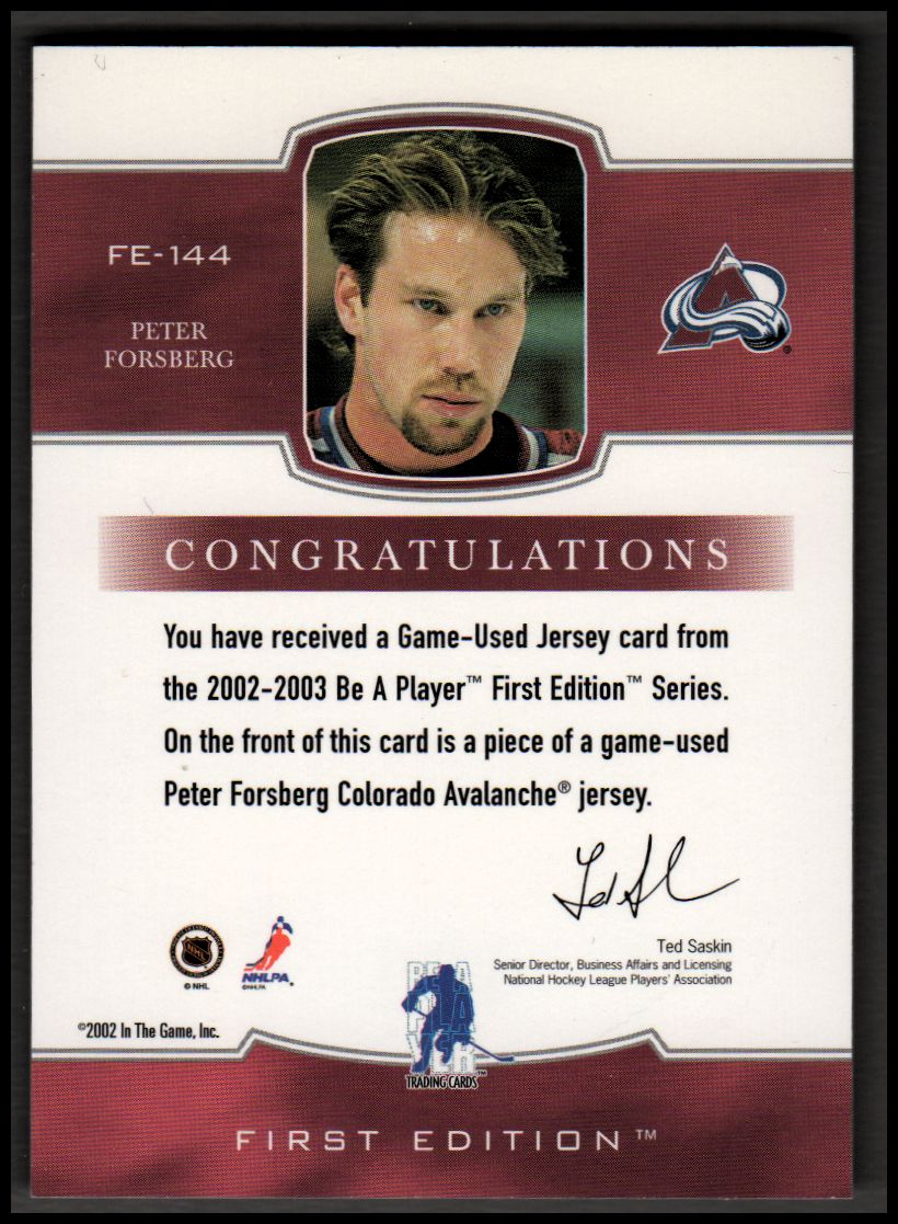 2002-03 BAP First Edition Jerseys #144 Peter Forsberg back image