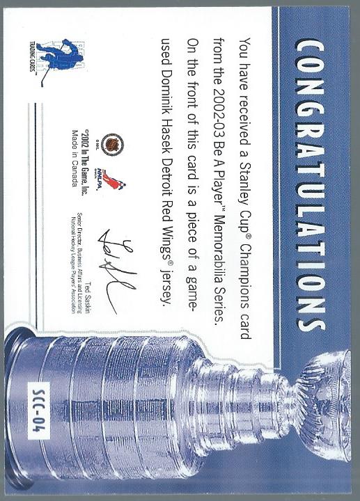 2002-03 BAP Memorabilia Stanley Cup Champions #SCC4 Dominik Hasek back image