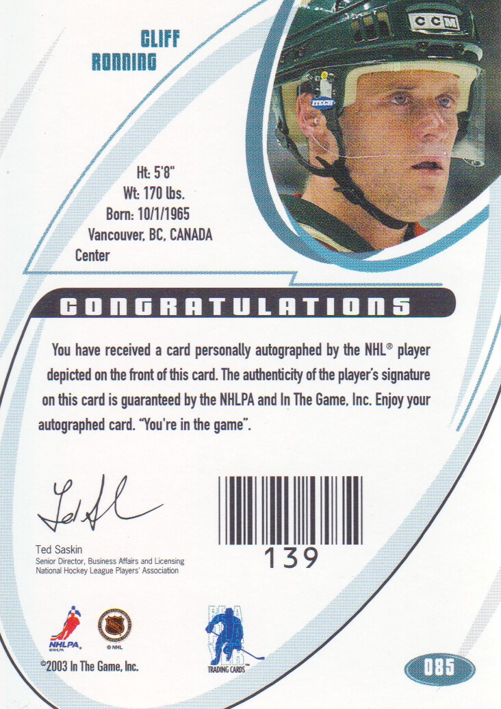 2002-03 BAP Signature Series Autographs Gold #85 Cliff Ronning back image