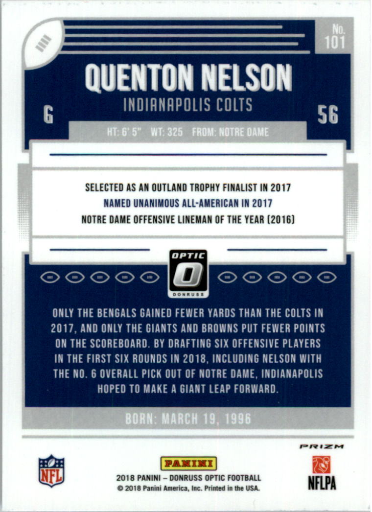 2018 Donruss Optic #101 Quenton Nelson RC Rookie Card Indianapolis Colts Panini 