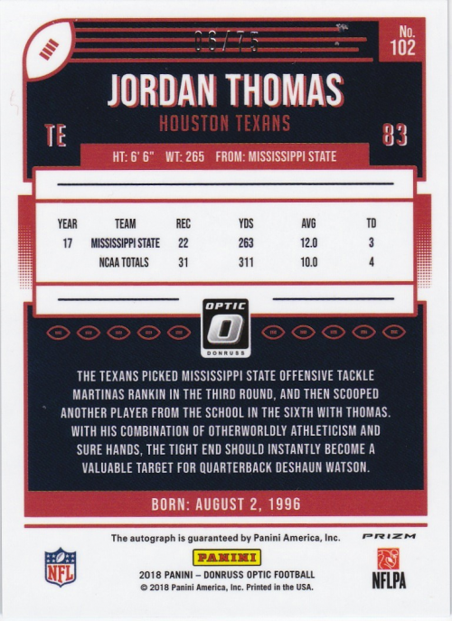2018 Donruss Optic Rookie Autographs Blue #102 Jordan Thomas back image