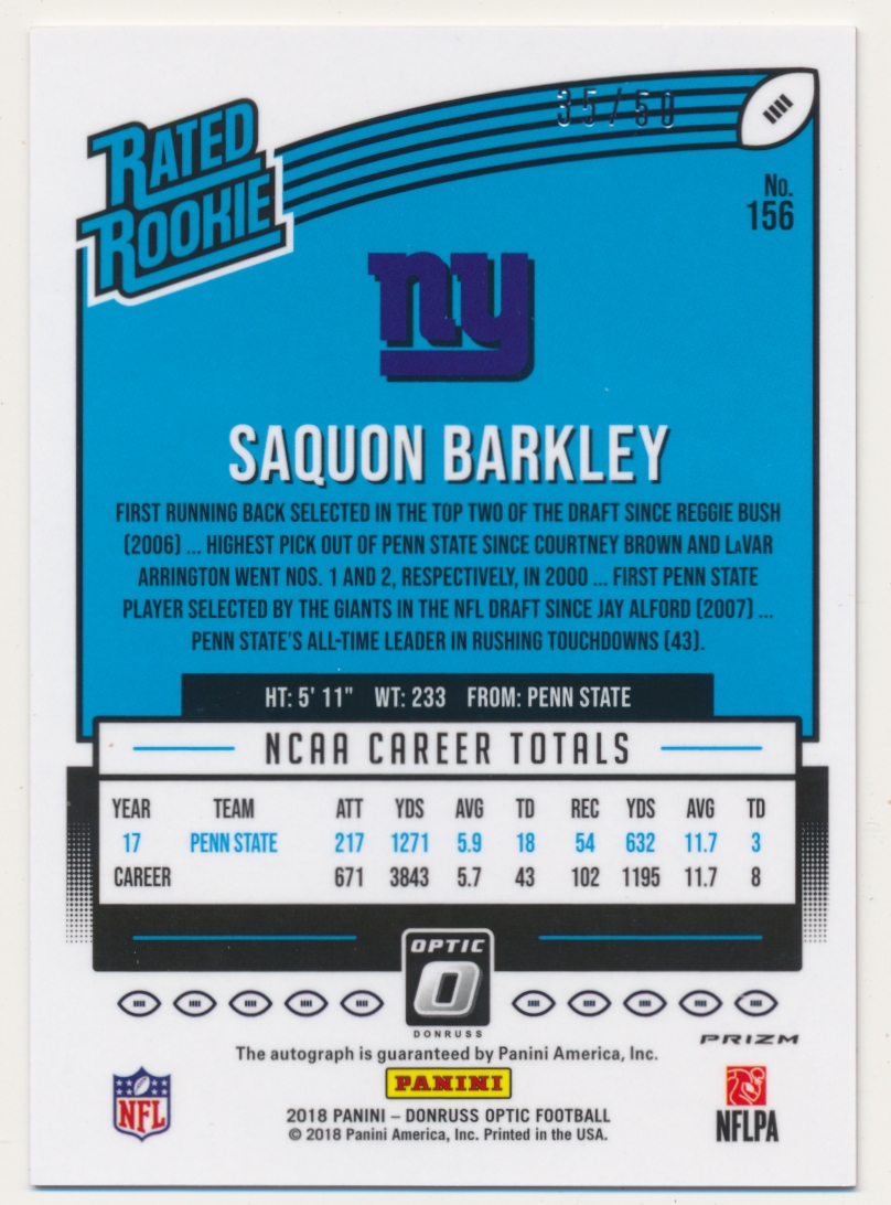 2018 Donruss Optic Rated Rookies Autographs Red #156 Saquon Barkley back image