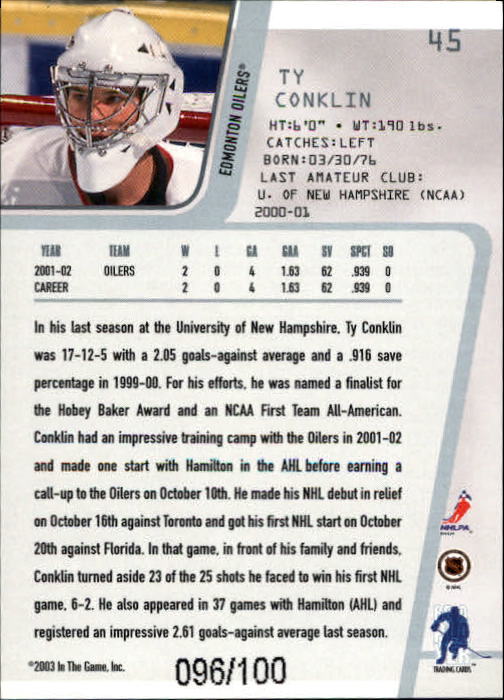 2002-03 Between the Pipes Silver #45 Ty Conklin back image