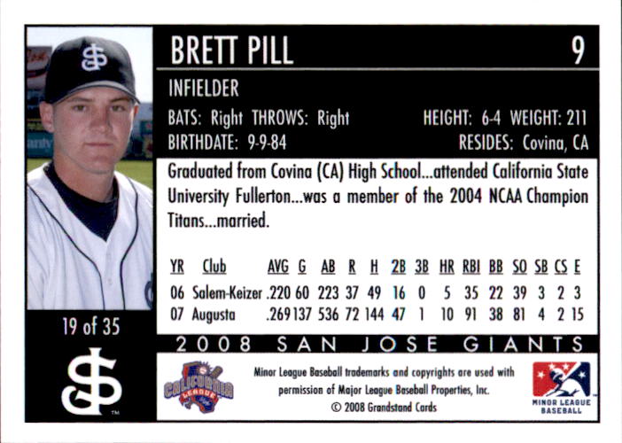 2008 San Jose Giants Grandstand #19 Brett Pill back image