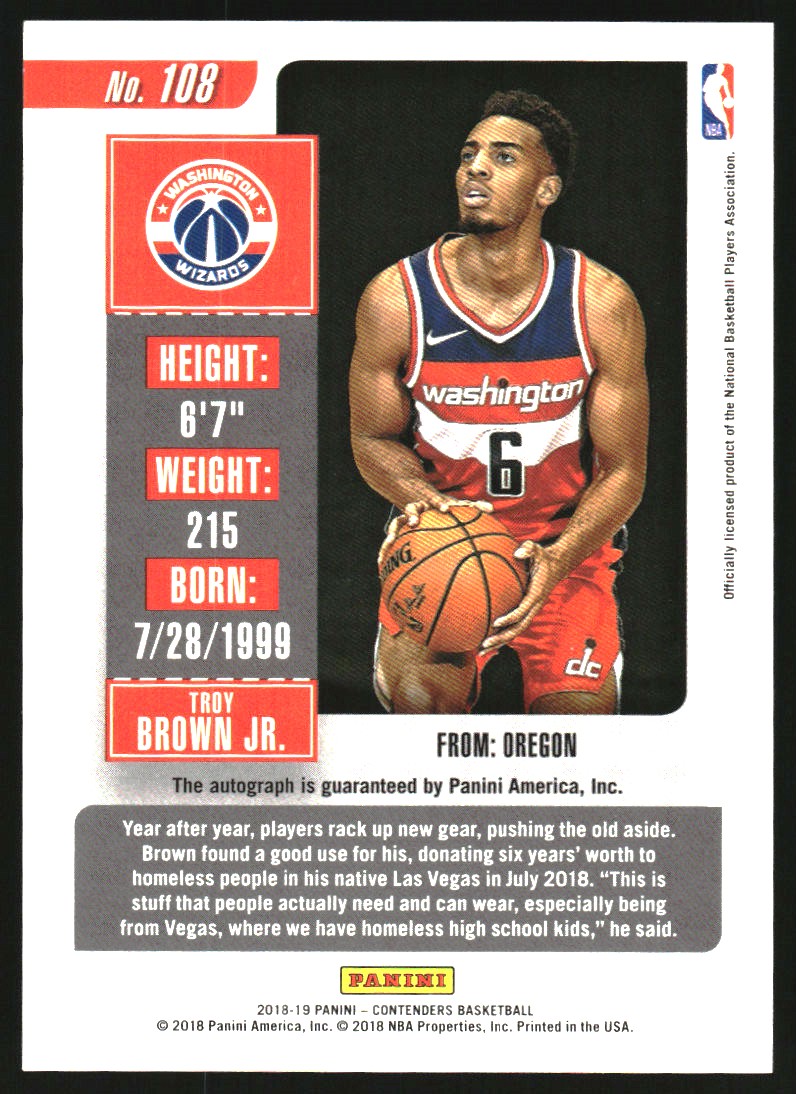 2018-19 Panini Contenders The Finals Ticket #108 Troy Brown Jr. AU back image