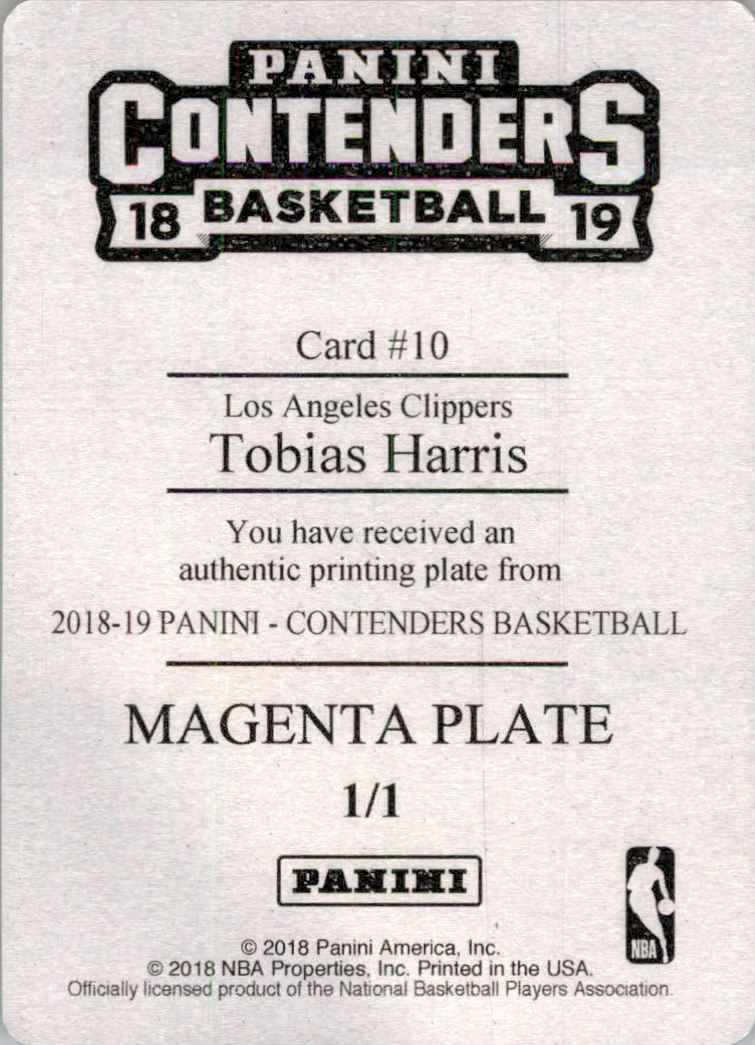 2018-19 Panini Contenders Printing Plates Magenta #10 Tobias Harris