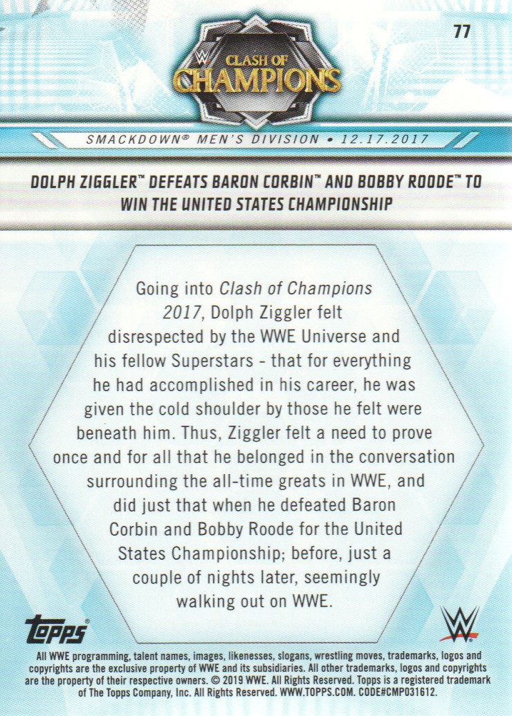 2019 Topps WWE Road to WrestleMania #77 Dolph Ziggler Defeats Baron Corbin and Bobby Roode to Win the United States Championship back image
