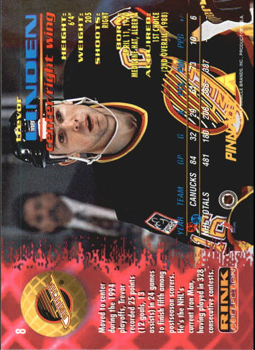 1994-95 Pinnacle Rink Collection #8 Trevor Linden VANCOUVER CANUCKS   R10271 back image