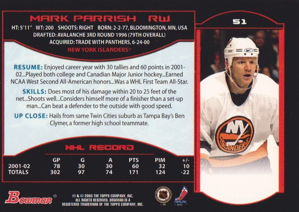 2002-03 Bowman YoungStars Silver #51 Mark Parrish back image