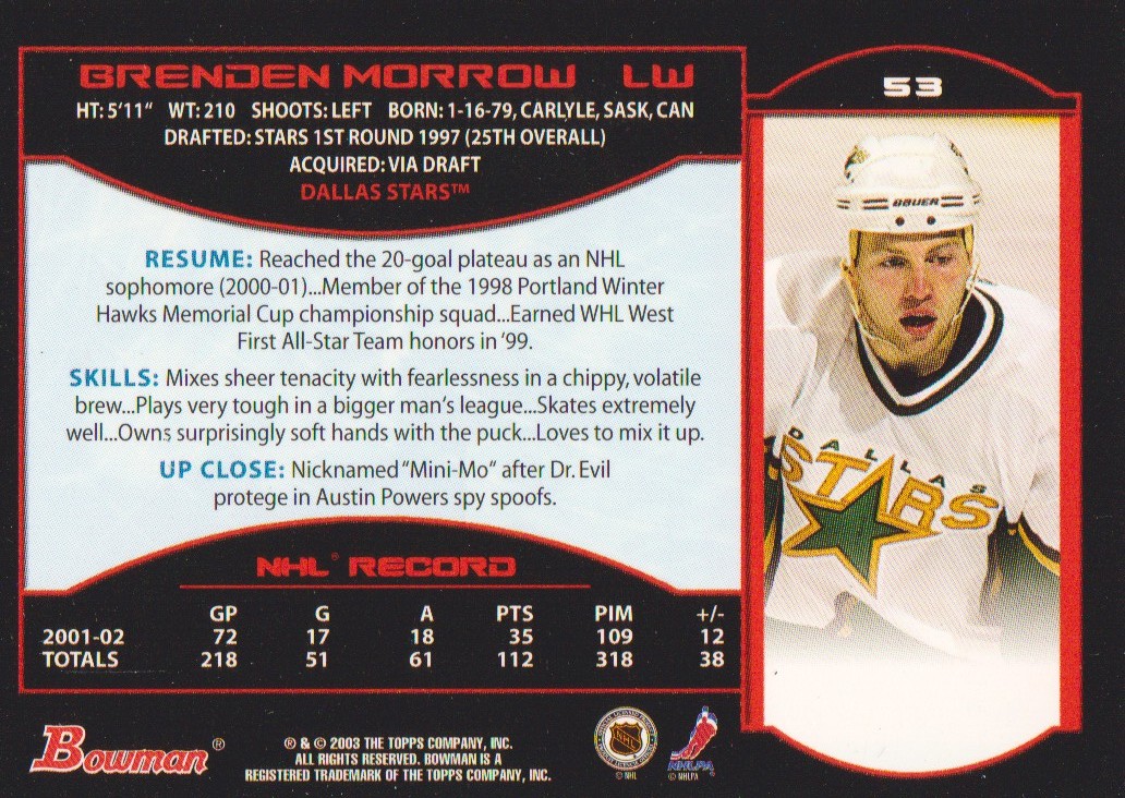 2002-03 Bowman YoungStars Silver #53 Brenden Morrow back image