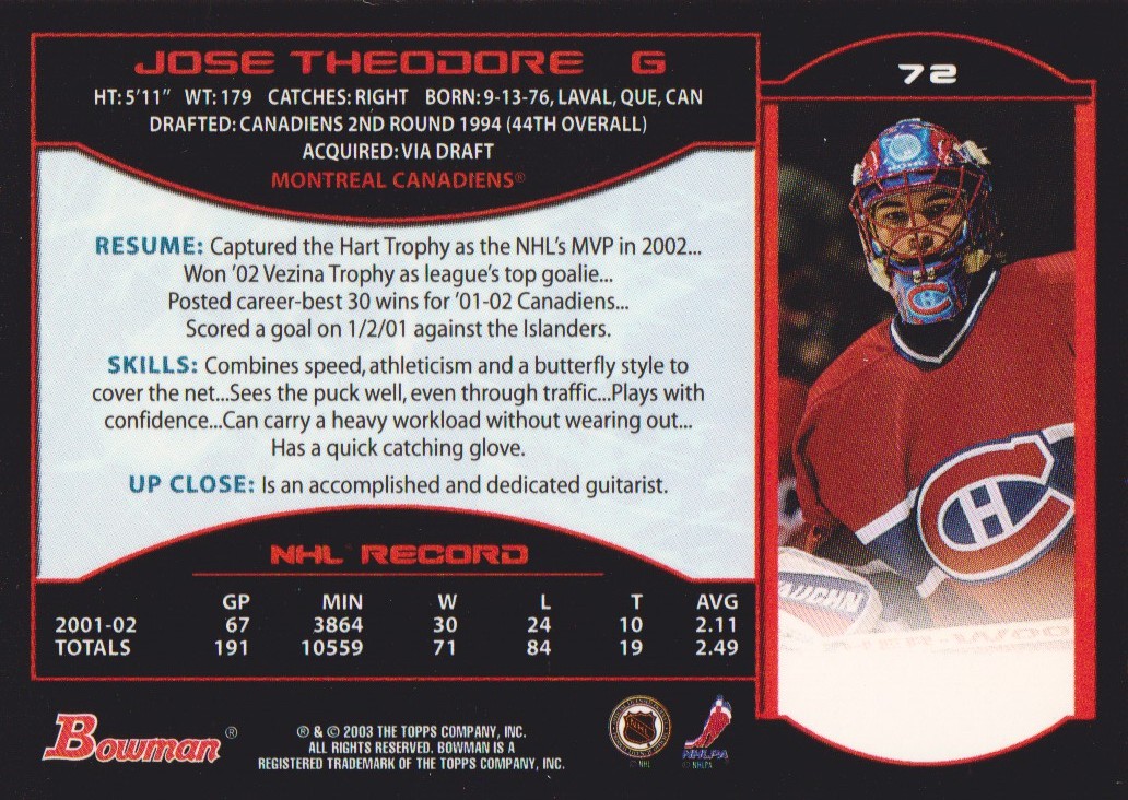 2002-03 Bowman YoungStars Silver #72 Jose Theodore back image