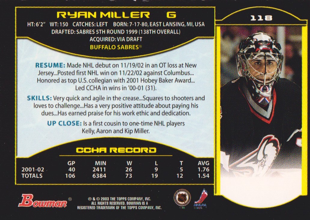 2002-03 Bowman YoungStars Silver #118 Ryan Miller back image