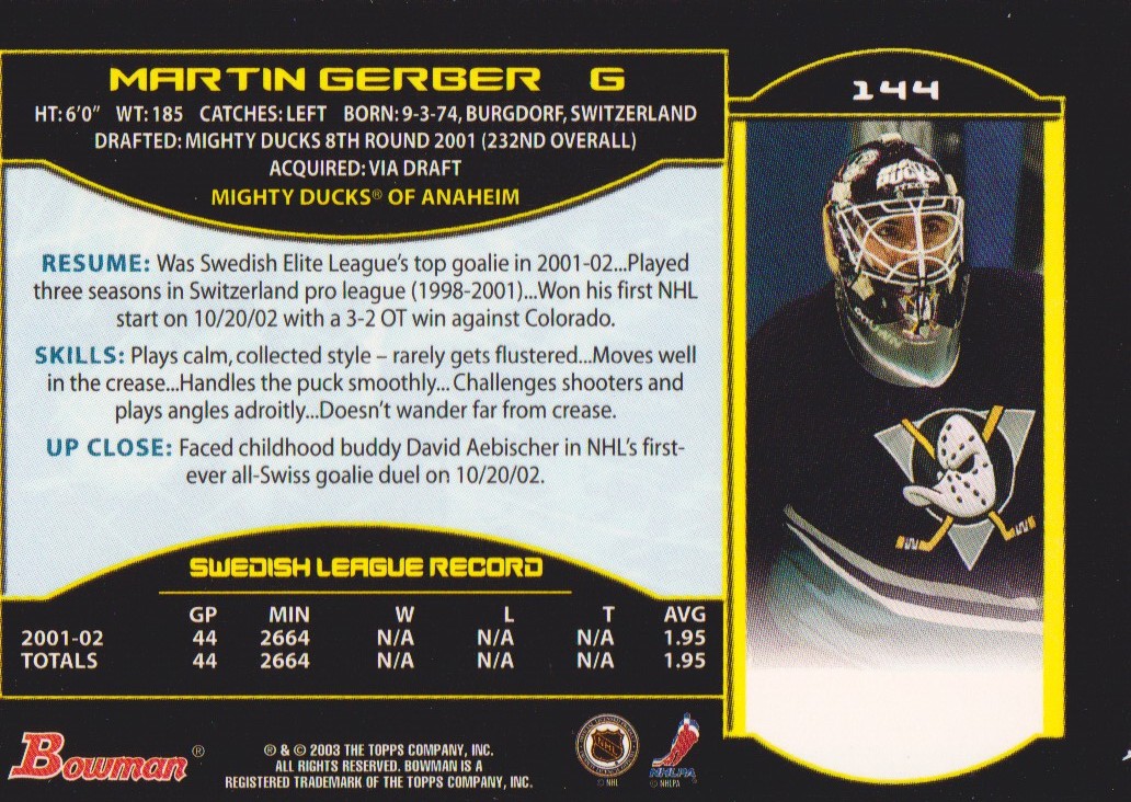 2002-03 Bowman YoungStars Silver #144 Martin Gerber back image