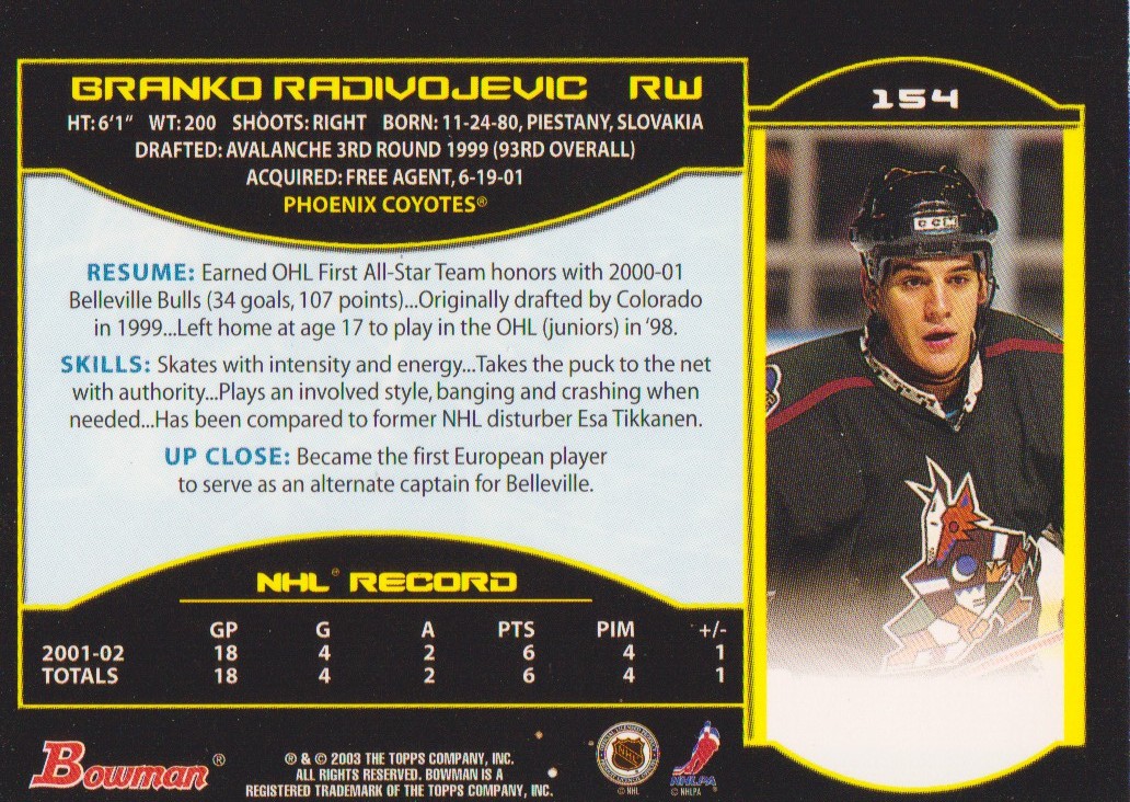 2002-03 Bowman YoungStars Silver #154 Branko Radivojevic back image