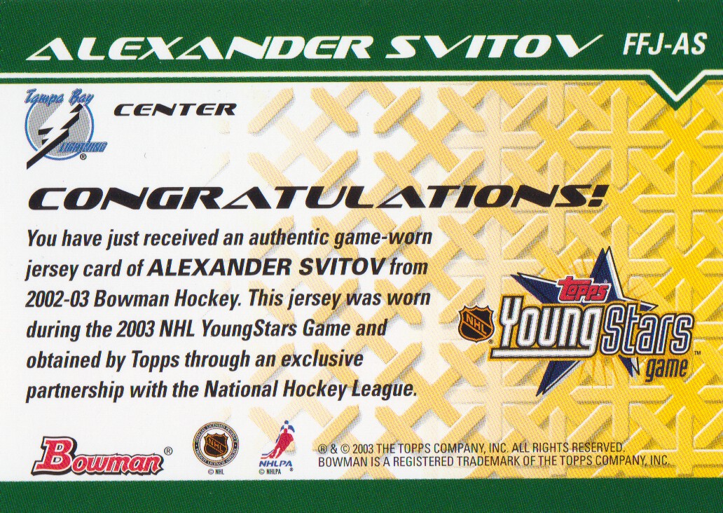 2002-03 Bowman YoungStars Jerseys #AS Alexander Svitov back image