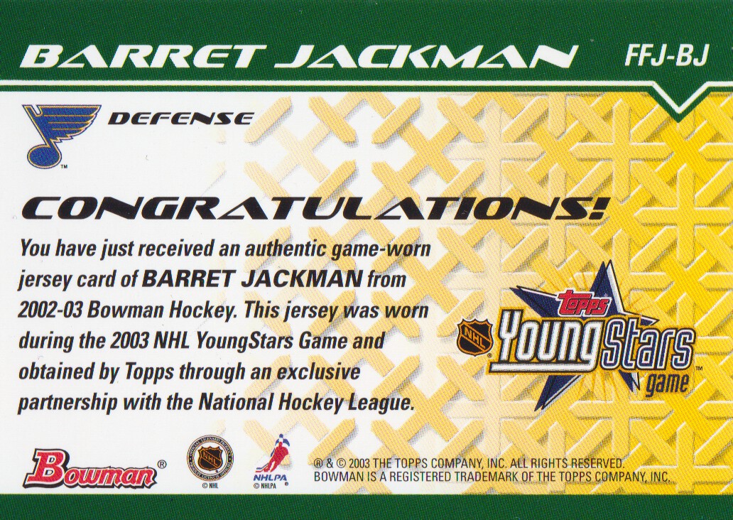 2002-03 Bowman YoungStars Jerseys #BJ Barret Jackman back image