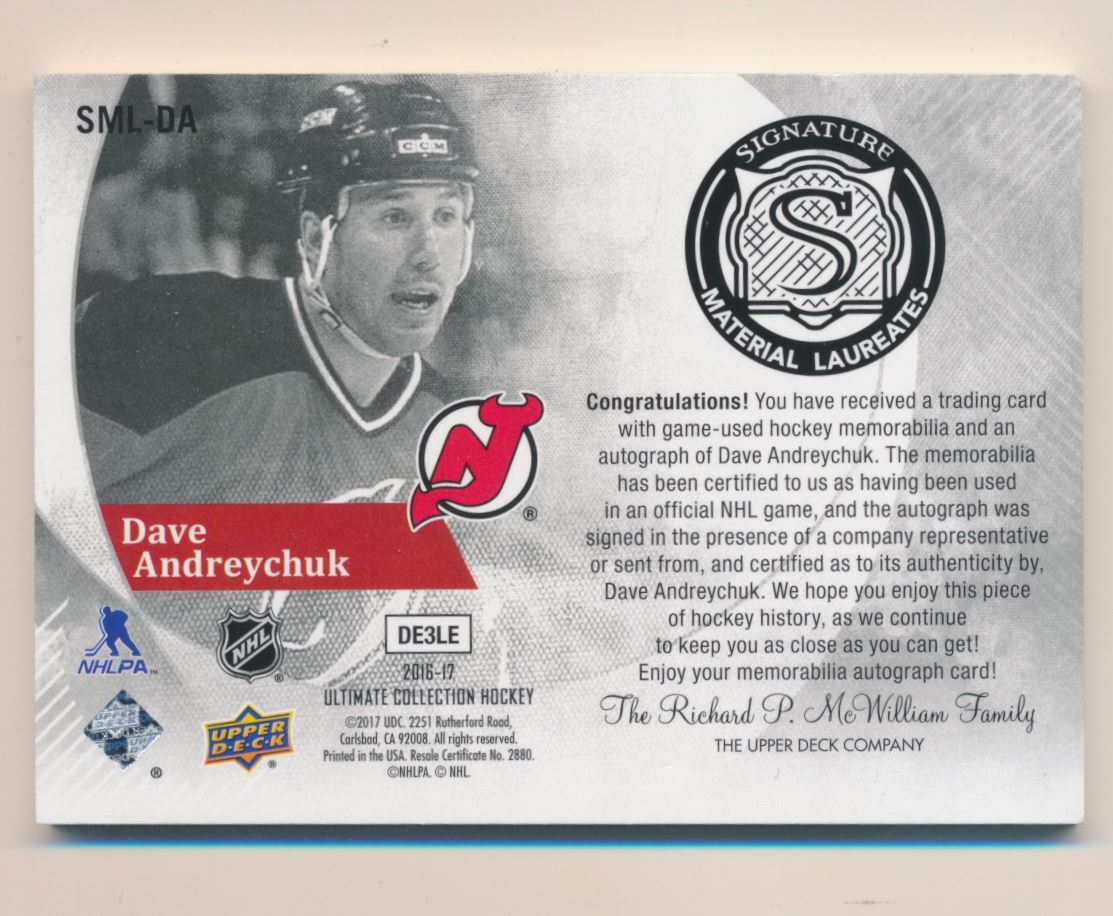 2016-17 Ultimate Collection Signature Material Laureates #SMLDA Dave Andreychuk/99 back image