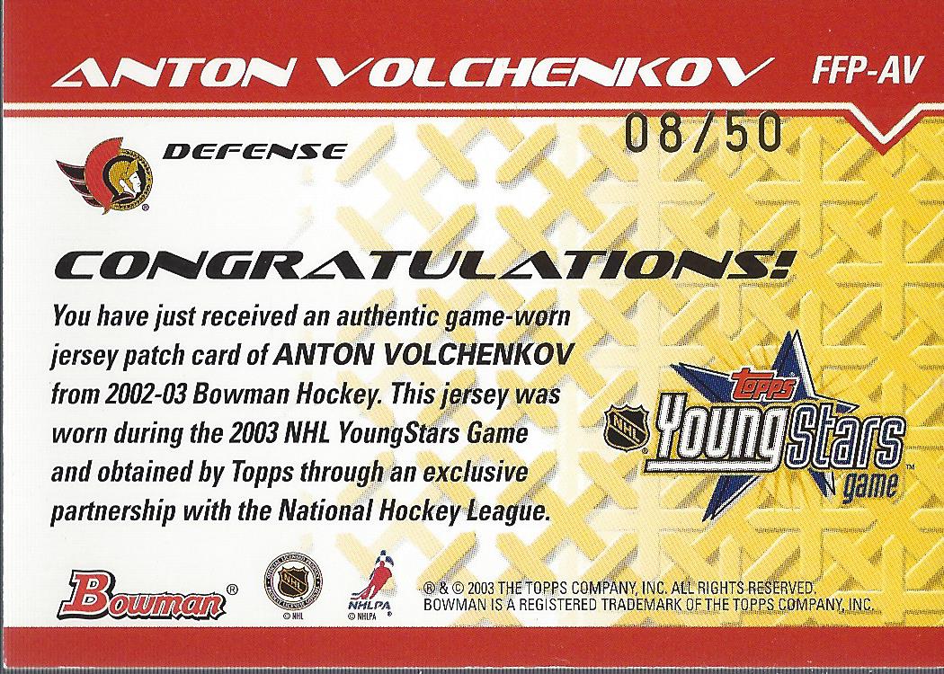 2002-03 Bowman YoungStars Patches #AV Anton Volchenkov back image