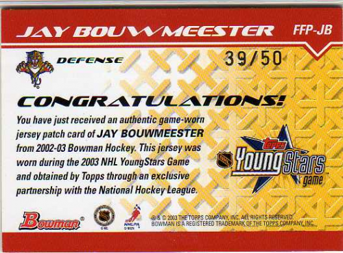 2002-03 Bowman YoungStars Patches #JB Jay Bouwmeester back image