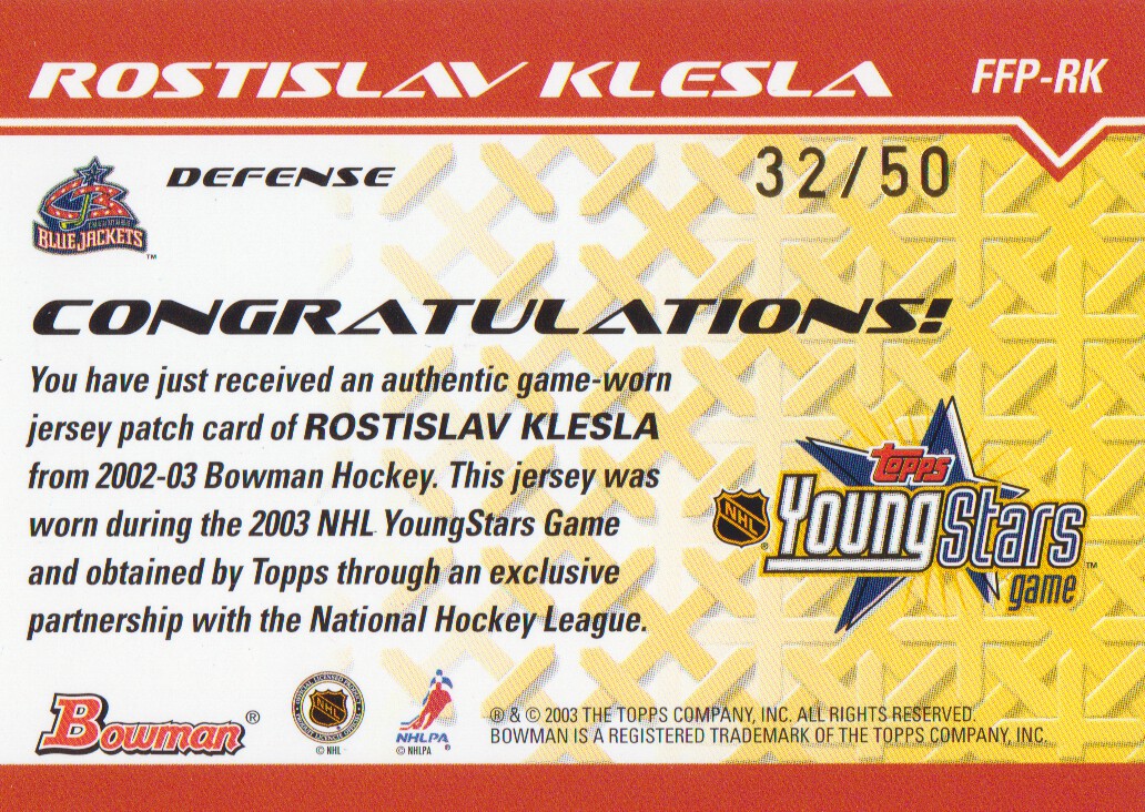 2002-03 Bowman YoungStars Patches #RK Rostislav Klesla back image