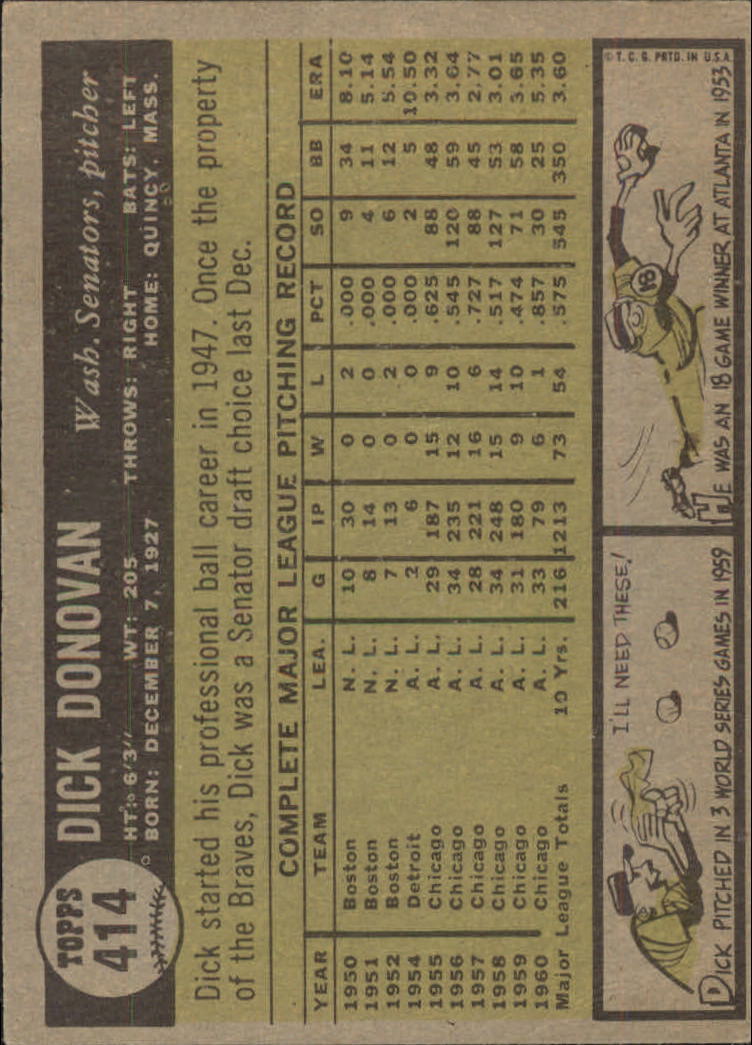 1961 Topps #414 Dick Donovan VERY GOOD Washington Senators   A11150 back image