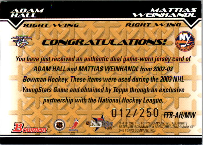 2002-03 Bowman YoungStars Rivals #AHMW Adam Hall/Mattias Weinhandl back image