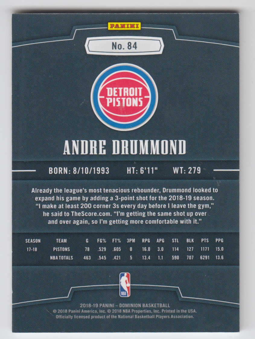 2018-19 Panini Dominion Gold #84 Andre Drummond back image