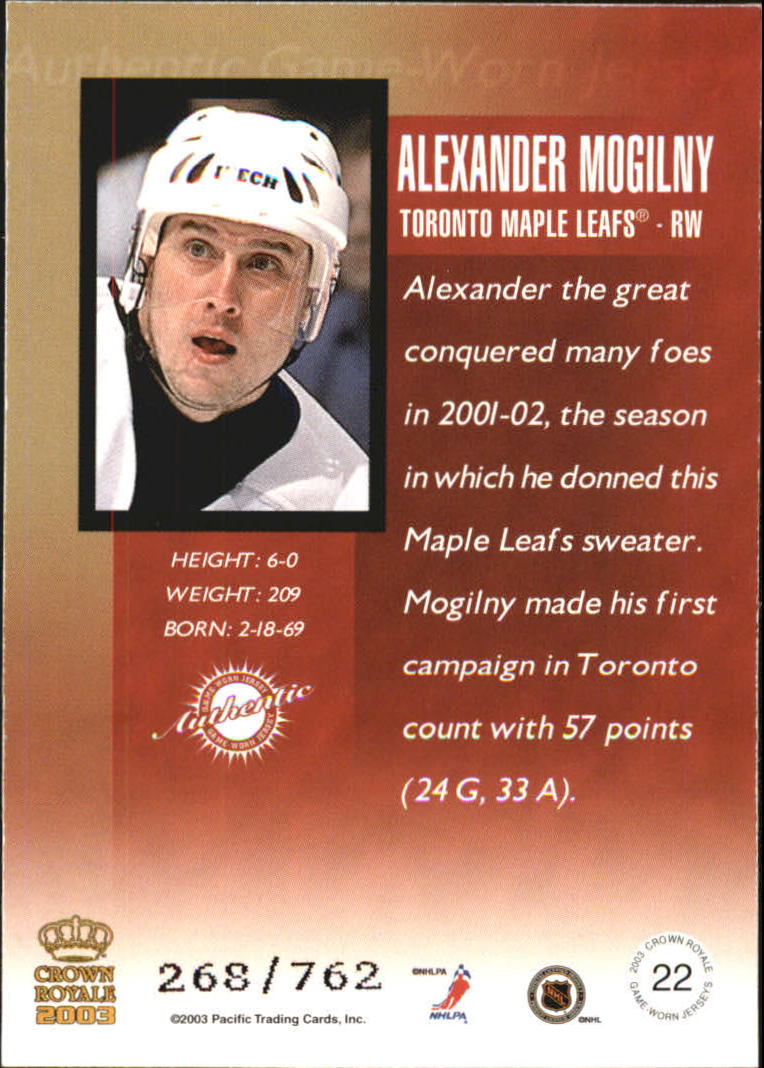 2002-03 Crown Royale Jerseys #22 Alexander Mogilny/762 back image