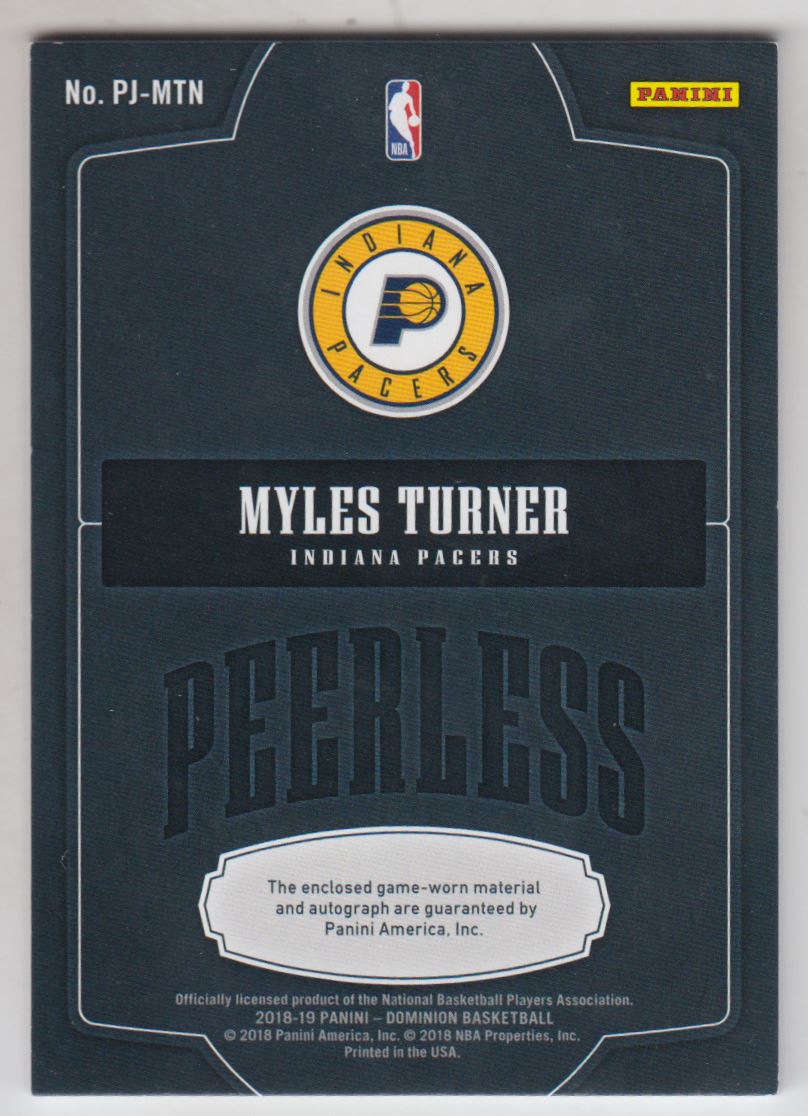 2018-19 Panini Dominion Peerless Jersey Autographs Silver #1 Myles Turner/15 back image