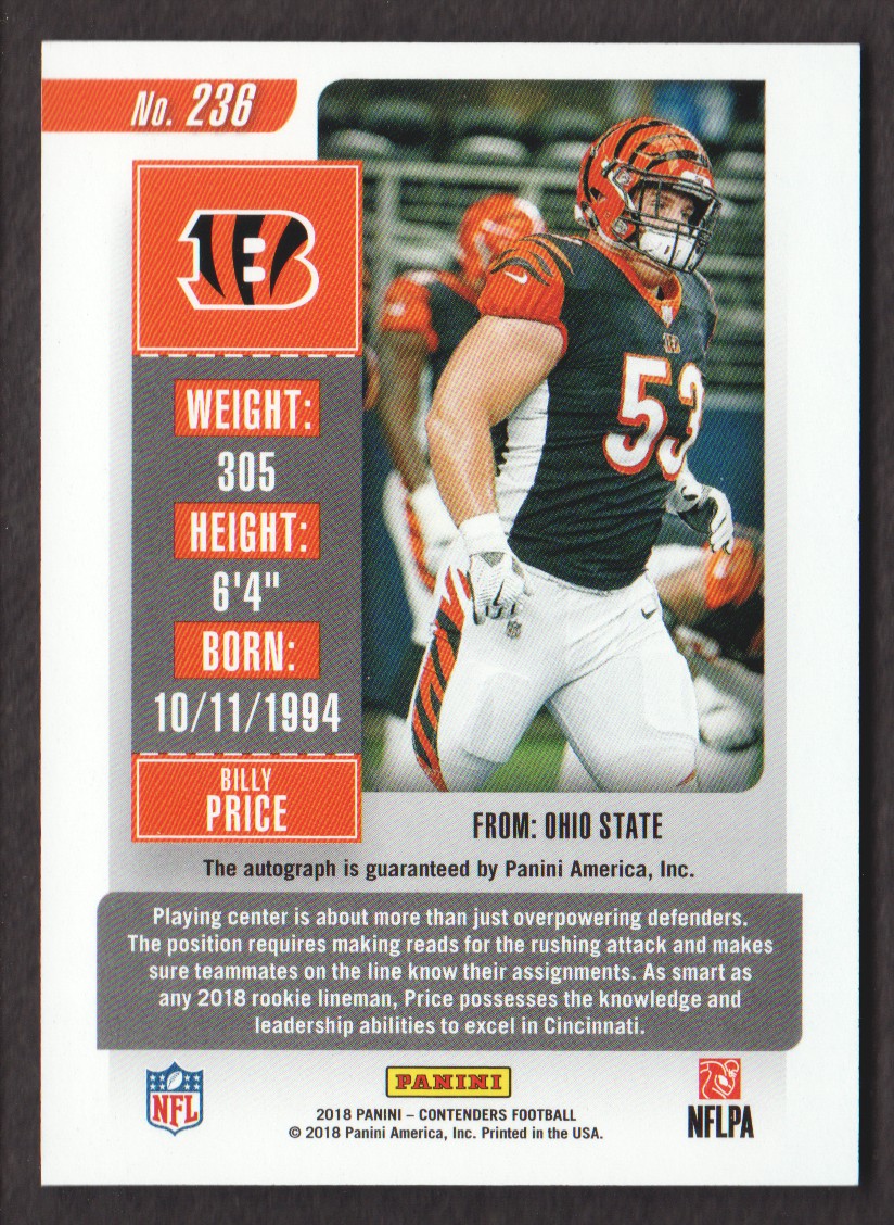 2018 Panini Contenders #236 Billy Price AU RC back image