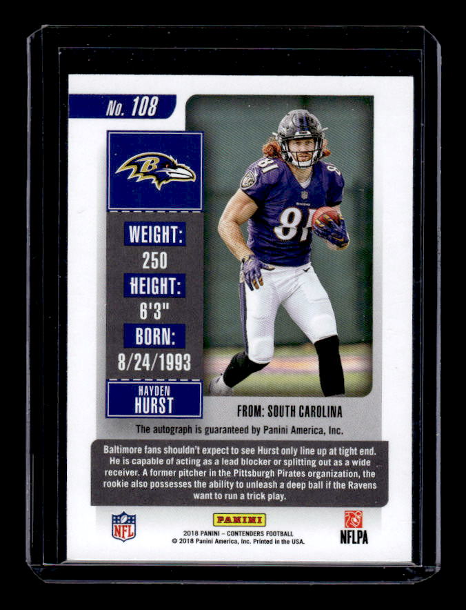 2018 Panini Contenders Playoff Ticket #108 Hayden Hurst AU/15/(ball in left arm) back image