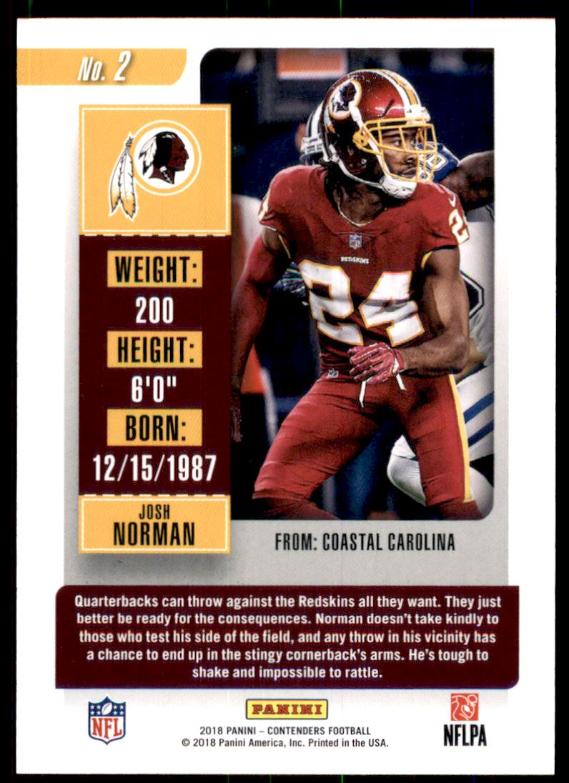 2018 Panini Contenders Championship Ticket #2 Josh Norman