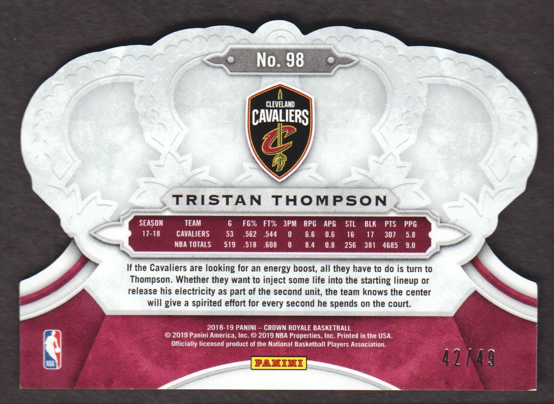 2018-19 Crown Royale Crystal Red #98 Tristan Thompson back image