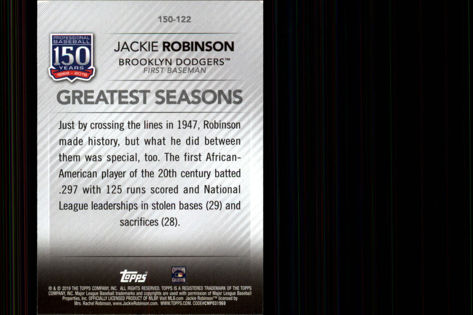 2019 Topps 150 Years of Professional Baseball #150122 Jackie Robinson back image