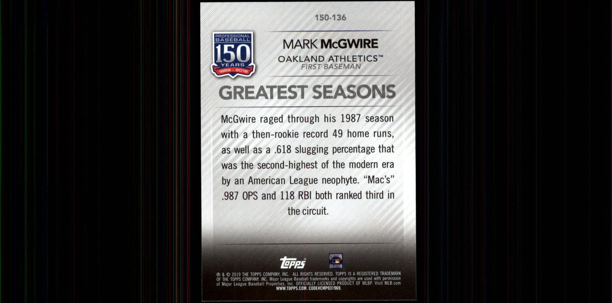 2019 Topps 150 Years of Professional Baseball #150136 Mark McGwire back image