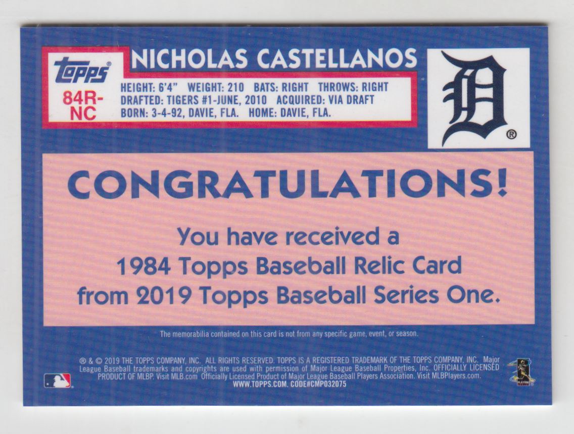 2019 Topps '84 Topps Relics #84RNC Nicholas Castellanos