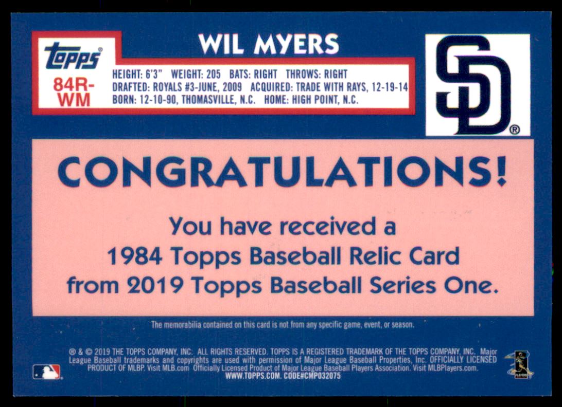 2019 Topps '84 Topps Relics #84RWM Wil Myers back image