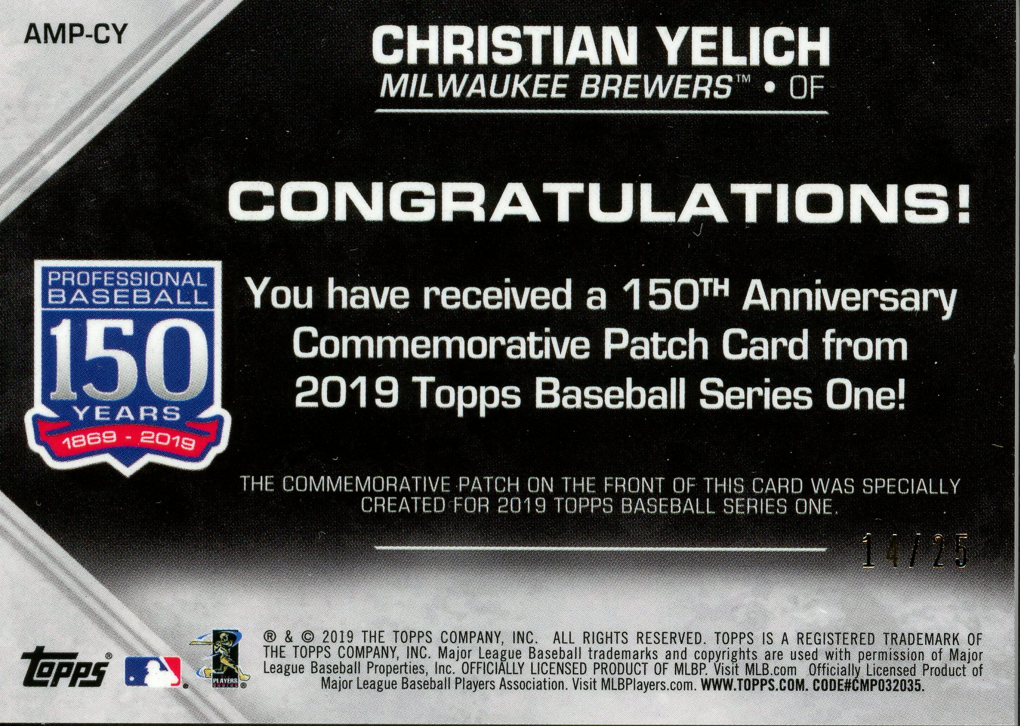 2019 Topps 150th Anniversary Manufactured Patches Red #AMPCY Christian Yelich back image